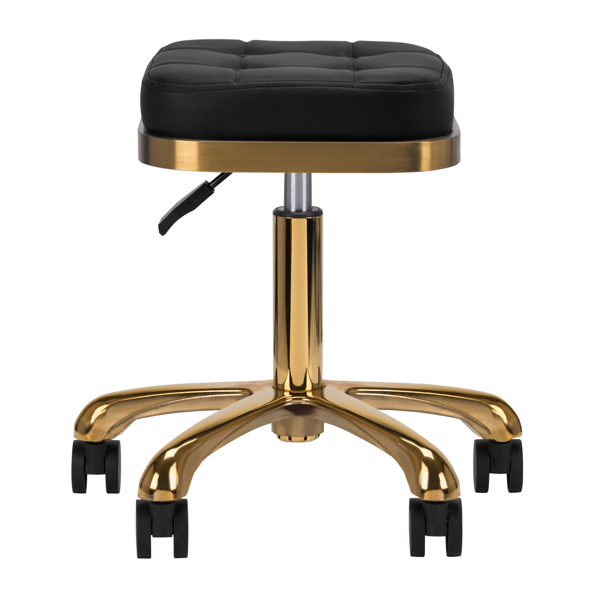 Front view of Activeshop Cosmetic Stool M-1645 Black Gold with a padded black seat and sturdy gold base on wheels.