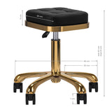 Dimensions of Activeshop Cosmetic Stool M-1645 Black Gold, showing seat size, height range, and base width for salon furniture.