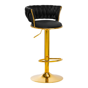 a black and gold bar stool with a black seat