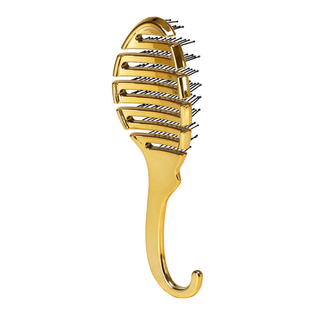 Side view of the gold Roxie Collection Flexible Detangling Brush showcasing its curved, flexible structure and bristles.