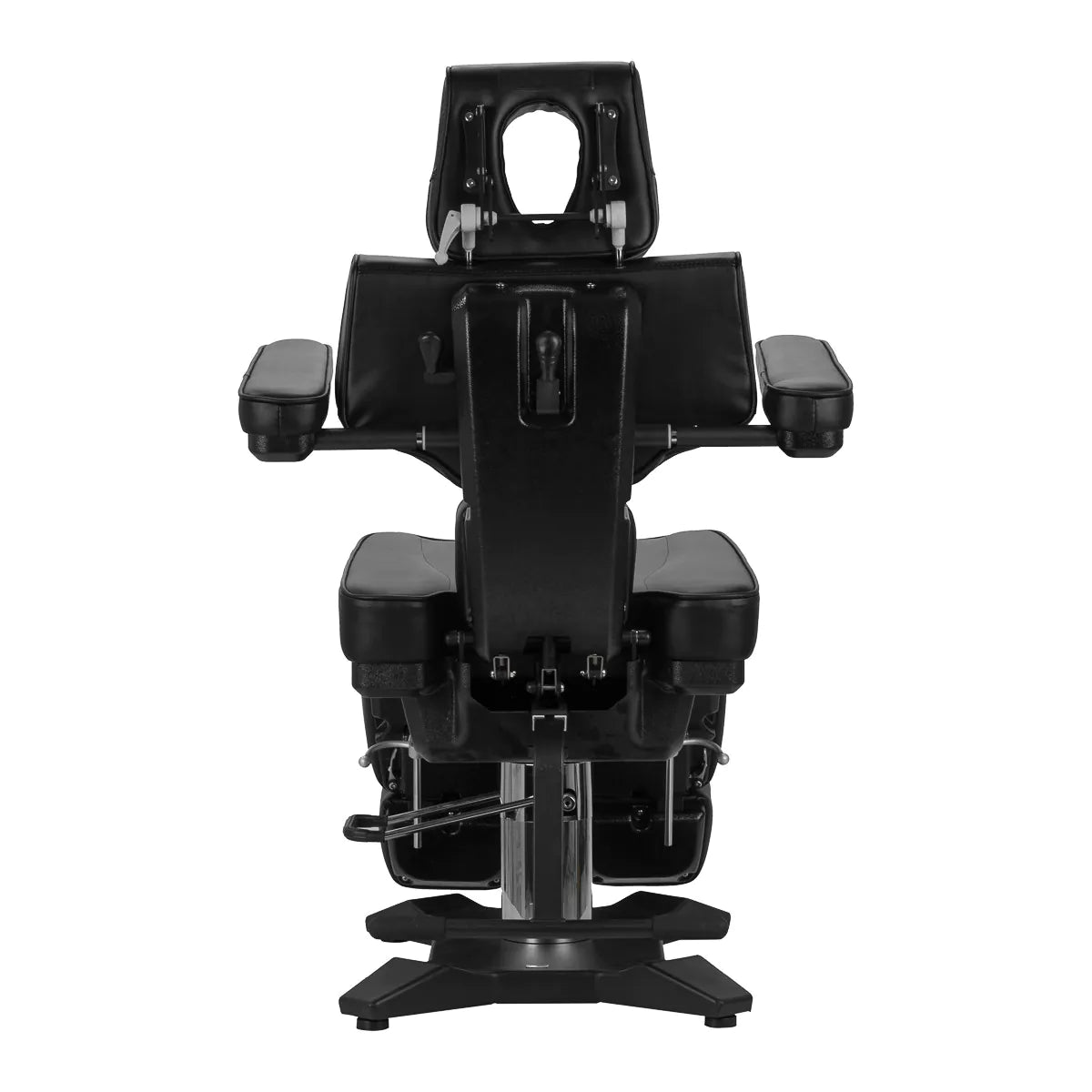 Rear view of Pro Ink 604 Electric Tattoo Chair Black showcasing sturdy construction and adjustable mechanisms for salon professionals.