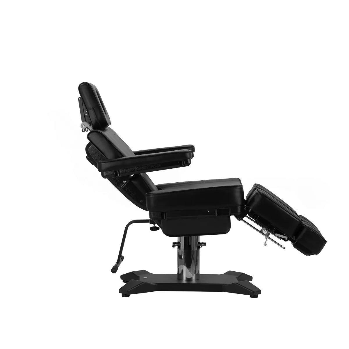 Side view of Pro Ink 604 Electric Tattoo Chair Black in a semi-reclined position, highlighting its versatility for tattooing or beauty treatments.