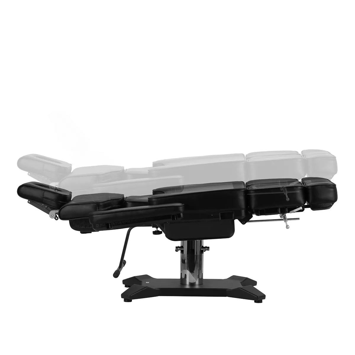 Pro Ink 604 Electric Tattoo Chair Black with transparent overlay showing adjustable reclining positions for maximum flexibility.