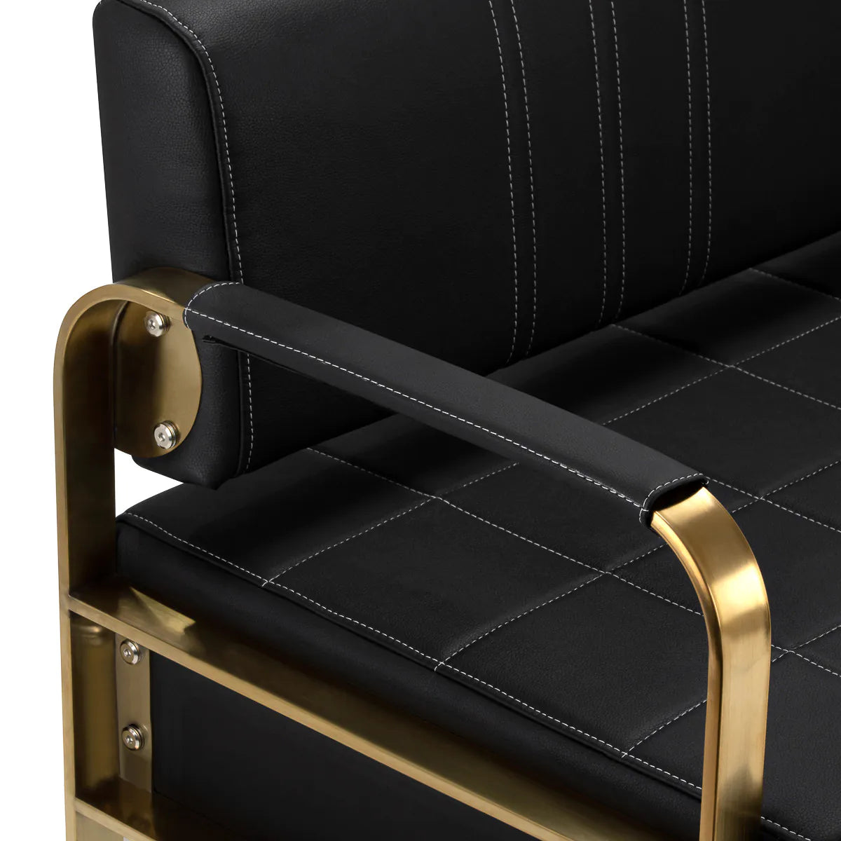 Close-up of Gabbiano Waiting Room Sofa Avila Black & Gold armrest with black padding and gold metal detailing.