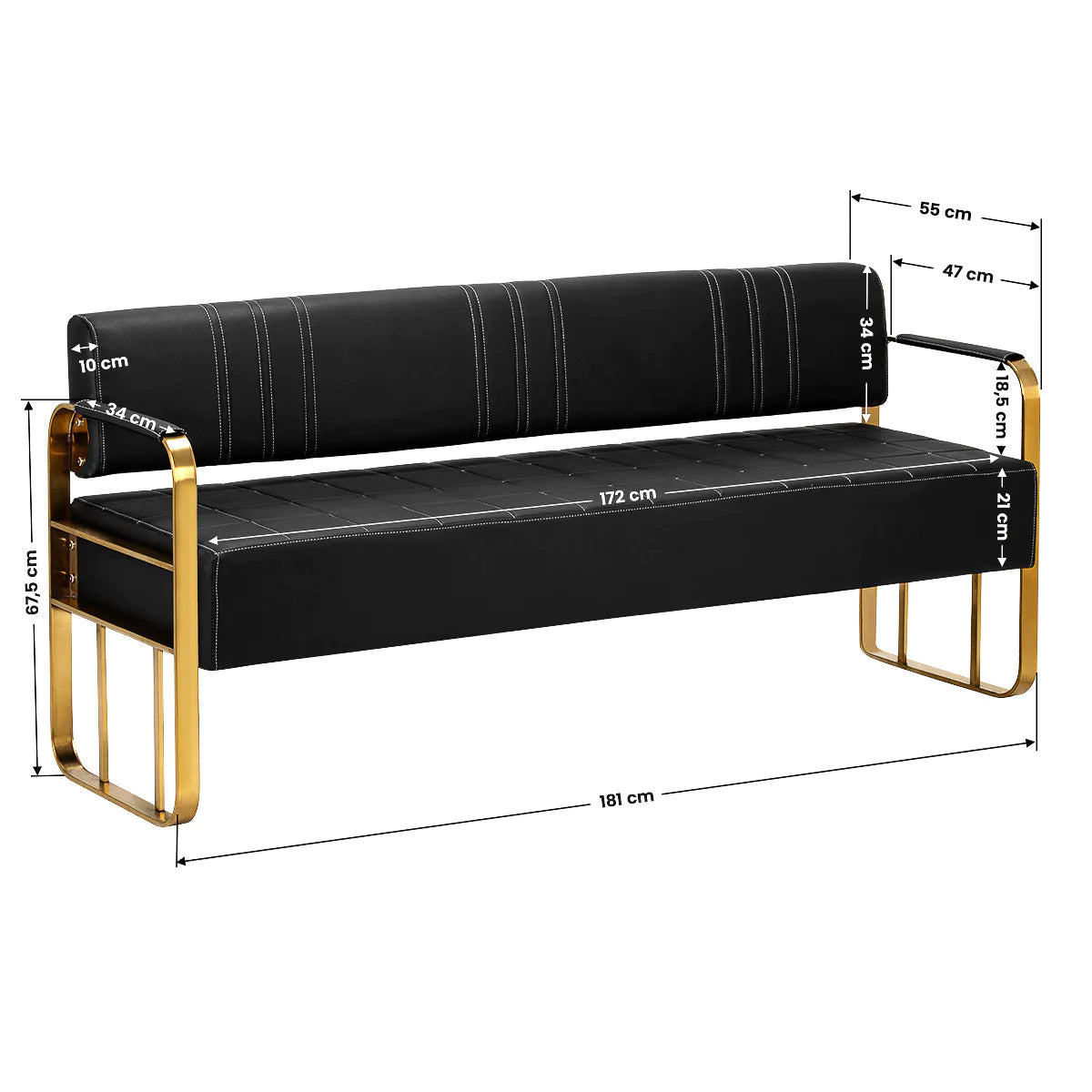 Dimensions of Gabbiano Waiting Room Sofa Avila Black & Gold with measurements for length, width, and height in centimeters.