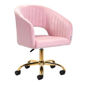 4Rico Swivel Chair QS-OF212G Pink with gold base, featuring a plush pink upholstered seat and backrest on rolling casters.