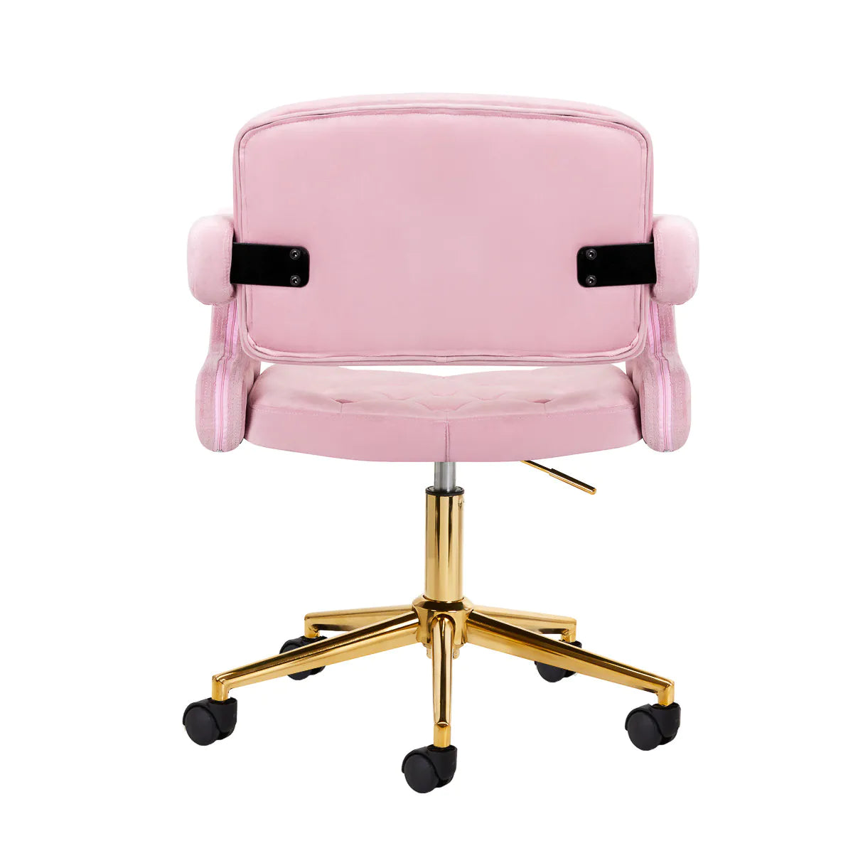 Back view of 4Rico Chair QS-OF213G Pink showcasing smooth pink upholstery and sturdy gold base with wheels.