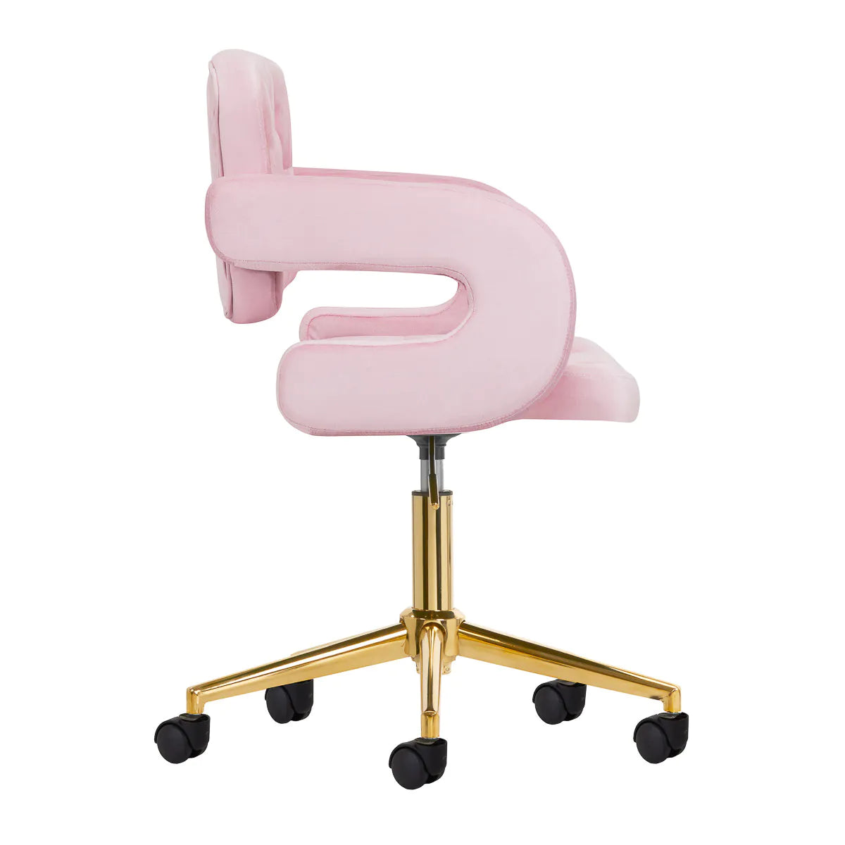 Side profile of 4Rico Chair QS-OF213G Pink with curved armrests, tufted seat, and gold adjustable base on wheels.