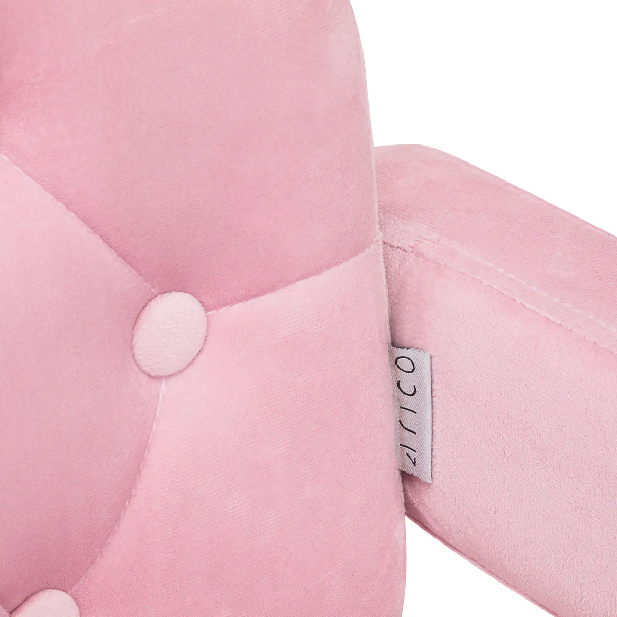 Close-up of 4Rico Chair QS-OF213G Pink backrest with tufted design and brand tag for a premium look.