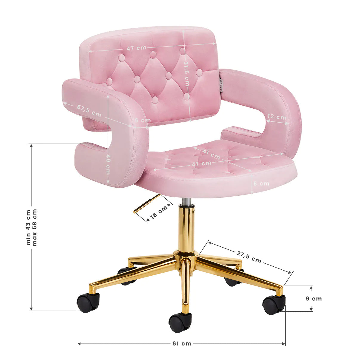 Dimensions of 4Rico Chair QS-OF213G Pink with measurements for seat, backrest, and base, ideal for salon and reception use.