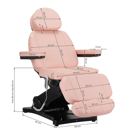 Pink Sillon Electric Cosmetic Chair Classic with dimensions labeled, showcasing adjustable features for salon and spa settings.