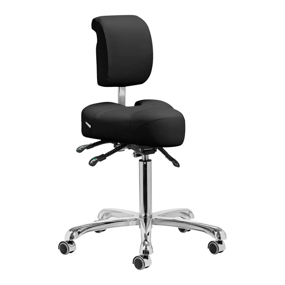 Giovanni Podiatry Beauty Stool 1005 Black with ergonomic backrest, padded seat, and adjustable height on a chrome base with wheels. Ideal for salons and beauty professionals.