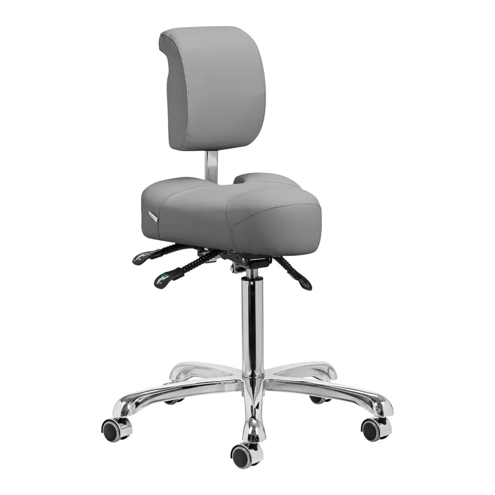 Giovanni Podiatry Beauty Stool 1005 Grey with ergonomic backrest, adjustable height, and chrome base on wheels for salon use.