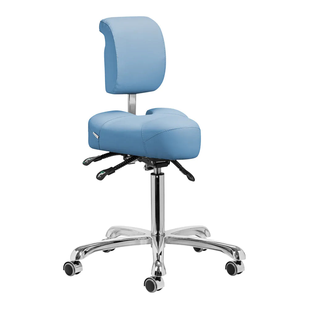 Giovanni Podiatry Beauty Stool 1005 in medical blue with ergonomic backrest, adjustable height, and chrome base with wheels. Ideal for salons and medical use.