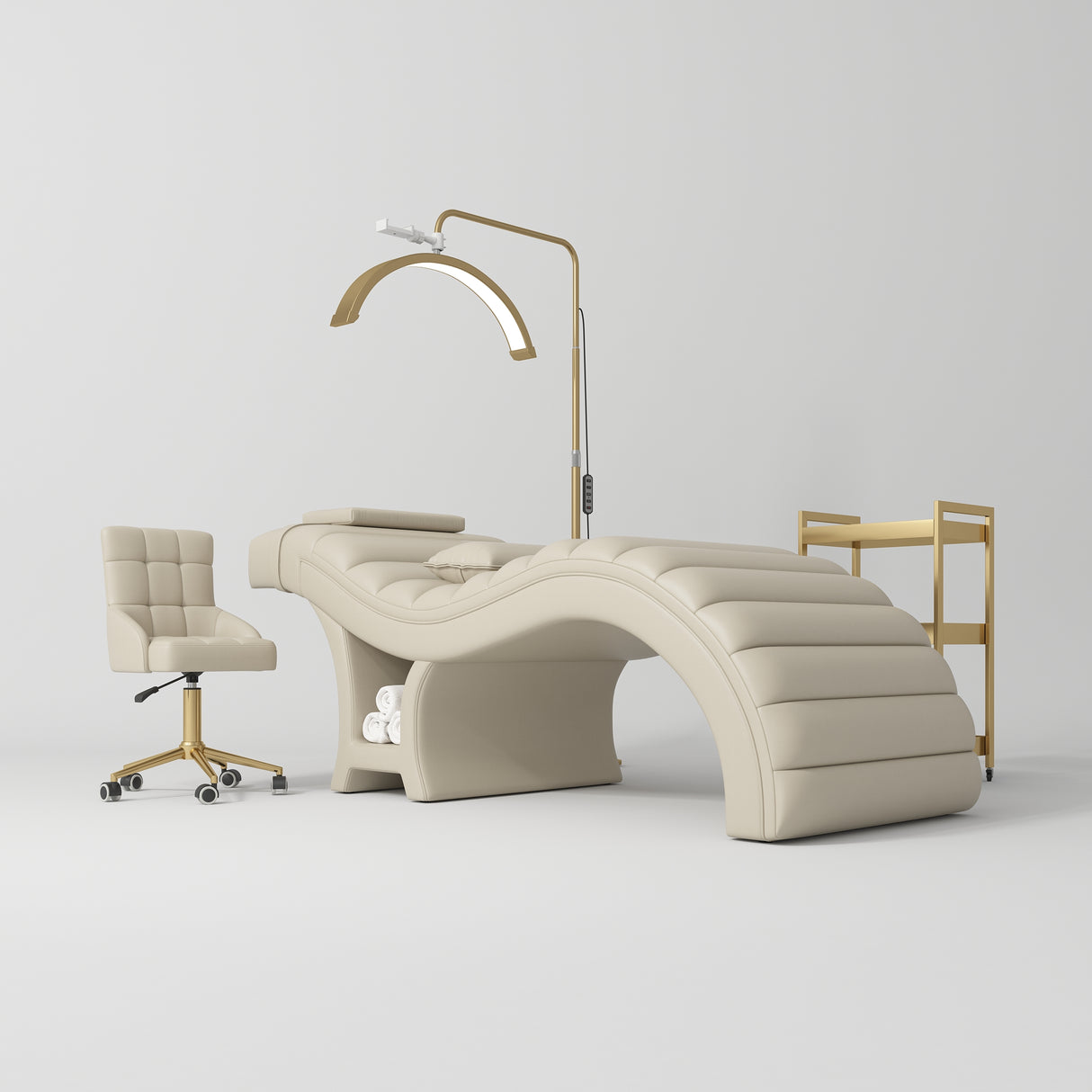 Manufakturo Luxe Light Brown Complete Salon Set - Lash Beauty Bed, Chair, Moonlight & Trolley