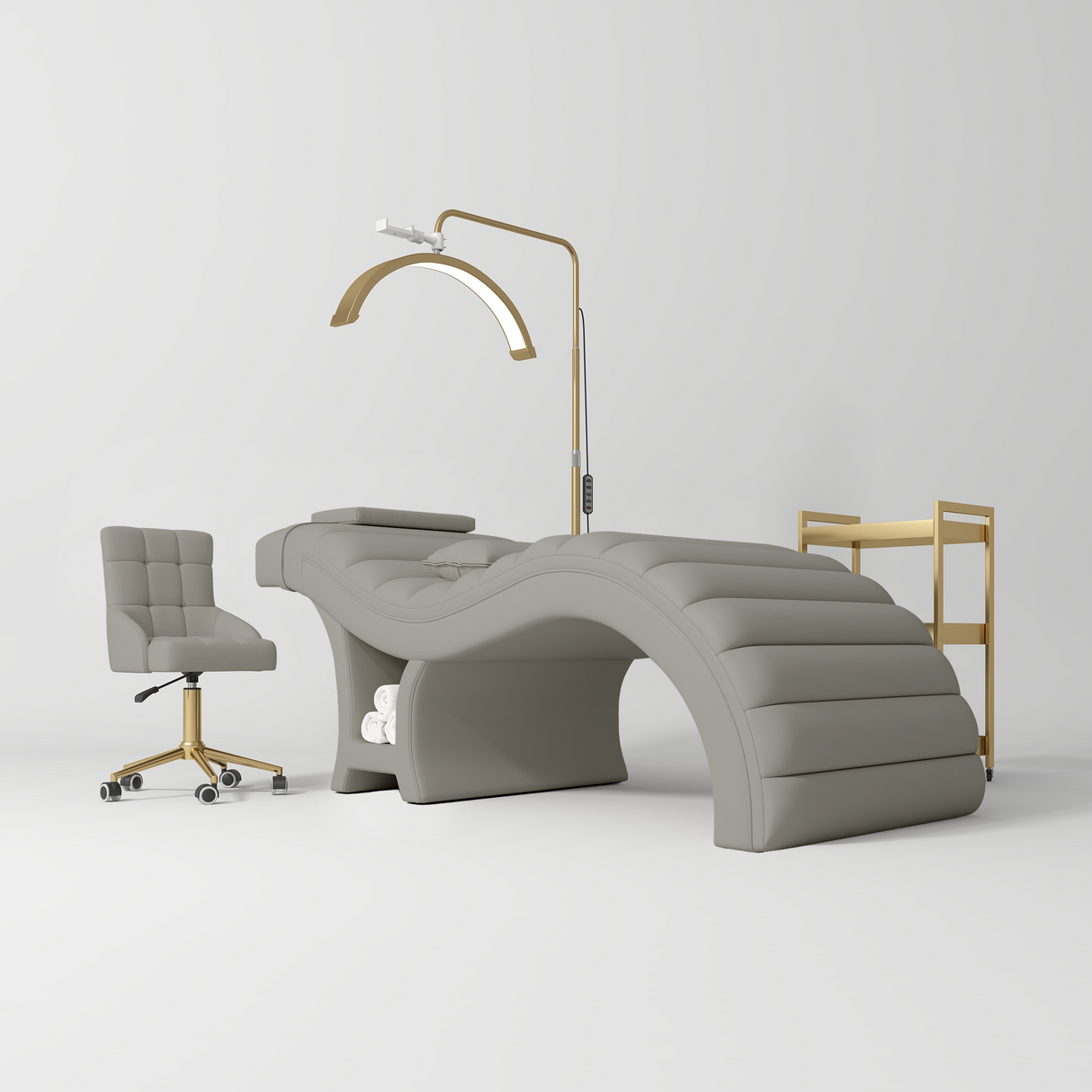 Manufakturo Luxe Pearl Greige Complete Salon Set - Lash Beauty Bed, Chair, Moonlight & Trolley