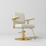 Manufakturo Opéra styling chair in Creamy with padded armrests, a gold-finished round base and metal footrest