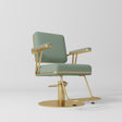 Manufakturo Opéra styling chair in Olive with padded armrests, a gold-finished round base and metal footrest