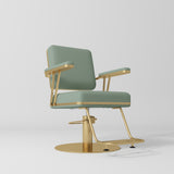 Manufakturo Opéra styling chair in Olive with padded armrests, a gold-finished round base and metal footrest
