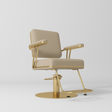 Manufakturo Opéra styling chair in Warm Beige with padded armrests, a gold-finished round base and metal footrest