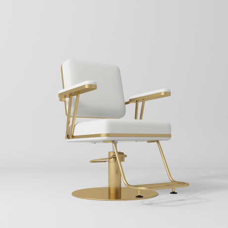 Manufakturo Opéra styling chair in White with padded armrests, a gold-finished round base and metal footrest