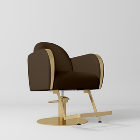 Manufakturo Regency styling chair with Cocoa Mocha upholstery, padded armrests, a round gold-finished base and metal footrest