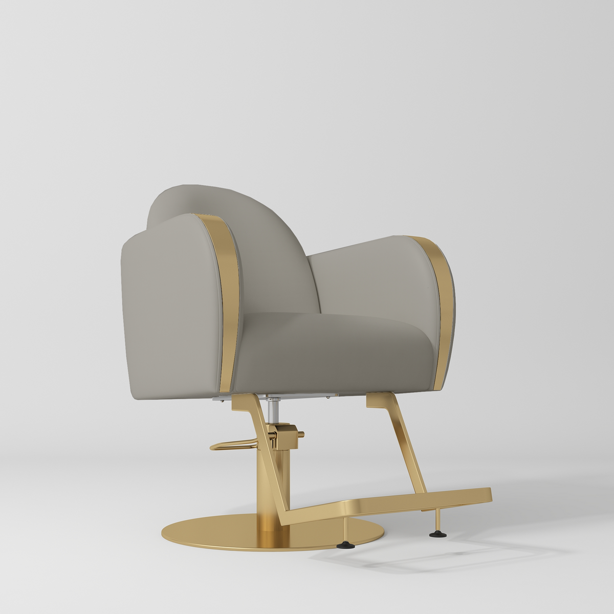 Manufakturo Regency styling chair with Pearl Greige upholstery, padded armrests, a round gold-finished base and metal footrest