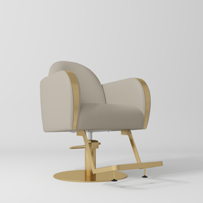 Manufakturo Regency styling chair with Stone Taupe upholstery, padded armrests, a round gold-finished base and metal footrest