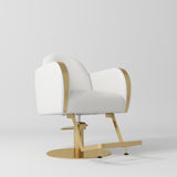 Manufakturo Regency styling chair with White upholstery, padded armrests, a round gold-finished base and metal footrest