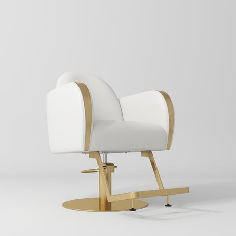 Manufakturo Regency styling chair with White upholstery, padded armrests, a round gold-finished base and metal footrest