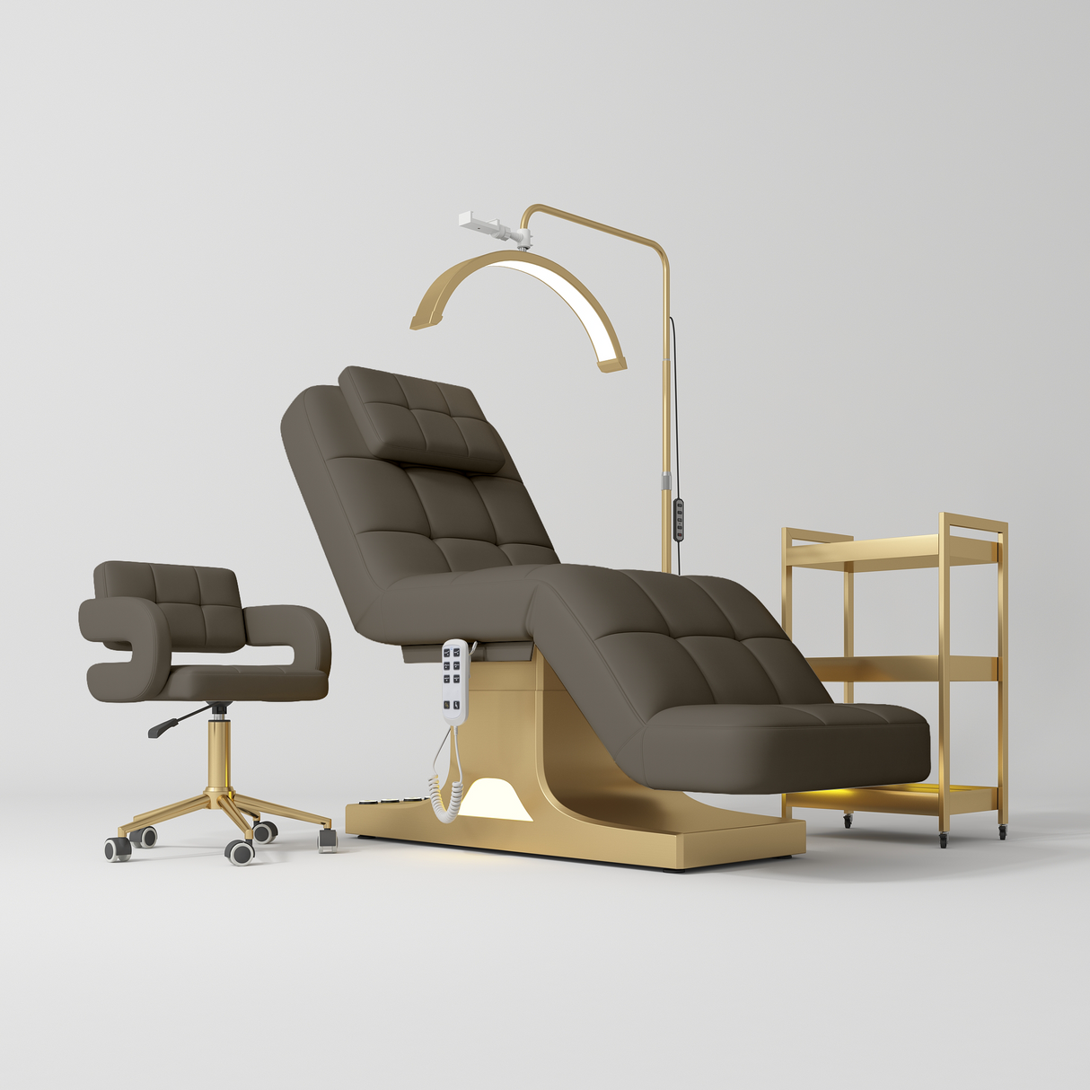 Manufakturo Saphir version A Cocoa Mocha – 4-Piece Beauty Studio Set: Luxury Bed, Chair, Lamp & Trolley