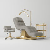 Manufakturo Saphir version A Pearl Greige – 4-Piece Beauty Studio Set: Luxury Bed, Chair, Lamp & Trolley