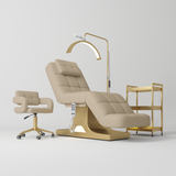 Manufakturo Saphir version A Warm Beige – 4-Piece Beauty Studio Set: Luxury Bed, Chair, Lamp & Trolley