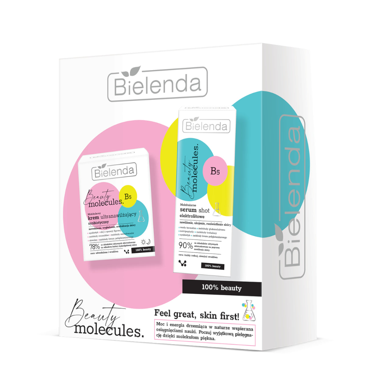 Bielenda Beauty Molecules Gift Set featuring a moisturizing cream and electrolyte shot serum in vibrant packaging. Ideal for dry, sensitive, and combination skin types, available at Roxie Cosmetics.