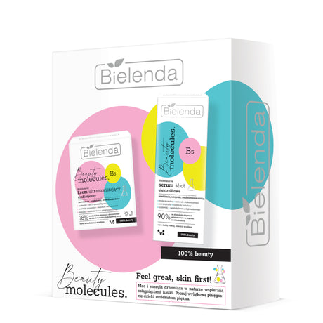 Bielenda Beauty Molecules Gift Set featuring a moisturizing cream and electrolyte shot serum in vibrant packaging. Ideal for dry, sensitive, and combination skin types, available at Roxie Cosmetics.