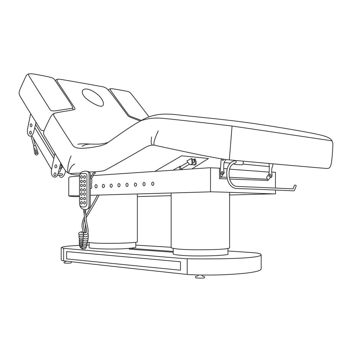 Black and white line art vector illustration of an adjustable medical examination table on a solid white background.