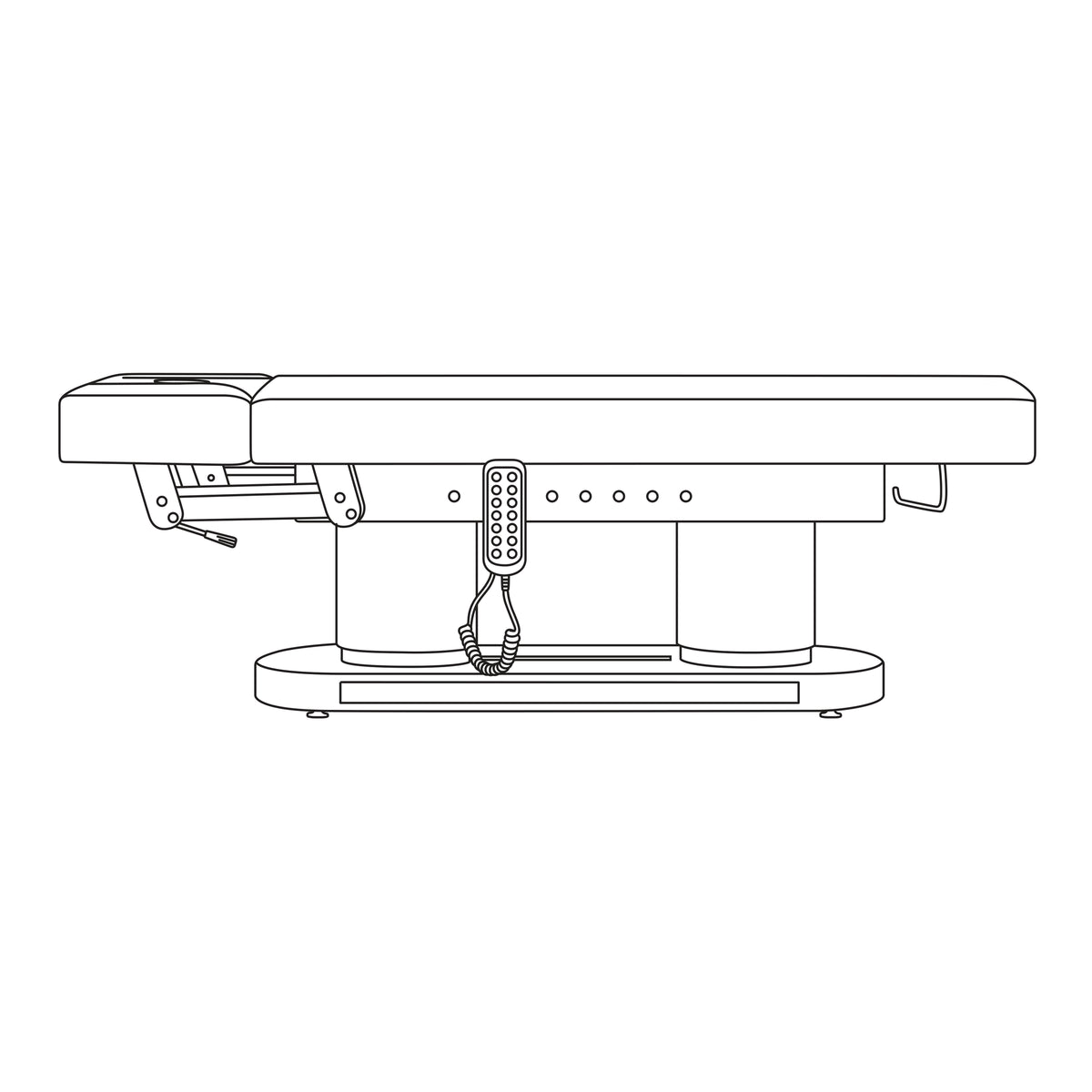 Black and white line drawing of an adjustable medical examination table on a solid white background.