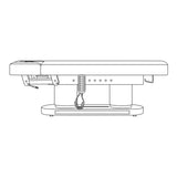 Black and white line drawing of an adjustable medical examination table on a solid white background.