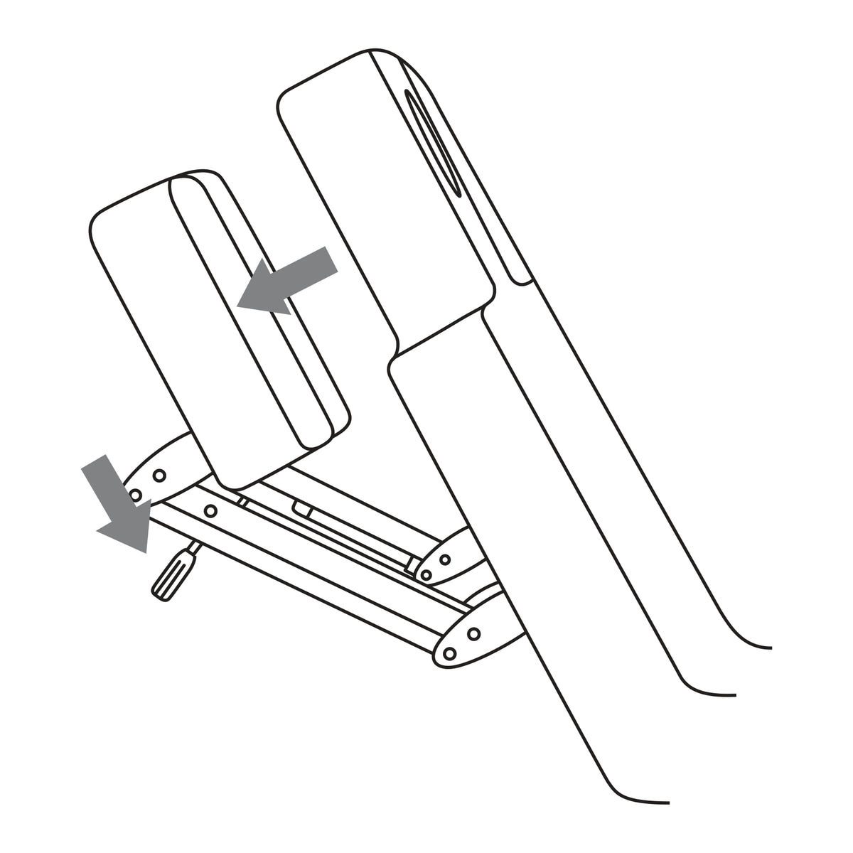 Black and white line drawing showing an adjustable exercise or massage table with two gray arrows indicating a downward adjustment.