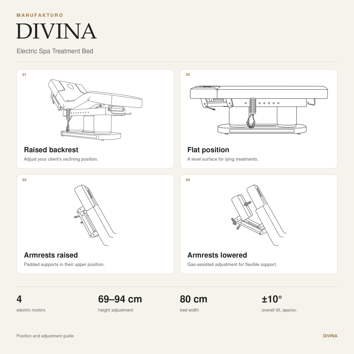 Technical specification and adjustment guide for a DIVINA Electric Spa Treatment Bed, showing line drawings of the bed in four positions: raised backrest, flat position, armrests raised, and armrests lowered, with dimensions listed below.