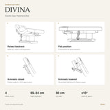 Technical specification and adjustment guide for a DIVINA Electric Spa Treatment Bed, showing line drawings of the bed in four positions: raised backrest, flat position, armrests raised, and armrests lowered, with dimensions listed below.