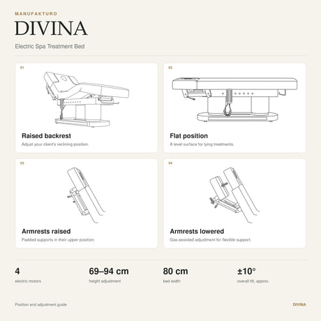 Technical specification and adjustment guide for a DIVINA Electric Spa Treatment Bed, showing line drawings of the bed in four positions: raised backrest, flat position, armrests raised, and armrests lowered, with dimensions listed below.