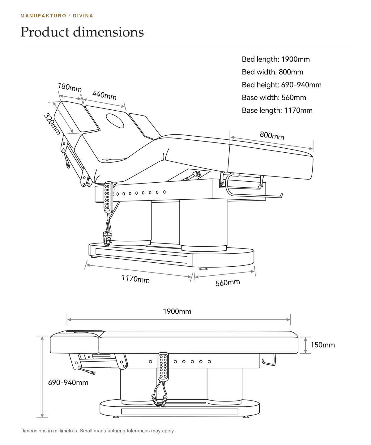 Product dimensions diagram for a medical bed or treatment chair, showing line drawings with labeled measurements in millimeters on a white background.