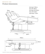 Product dimensions diagram for a medical bed or treatment chair, showing line drawings with labeled measurements in millimeters on a white background.