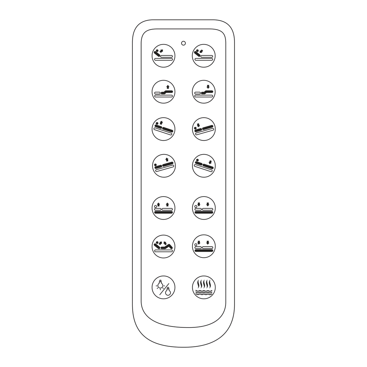 A black and white line drawing of a remote control with multiple circular buttons showing different icons, isolated on a white background.