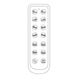 A black and white line drawing of a remote control with multiple circular buttons showing different icons, isolated on a white background.