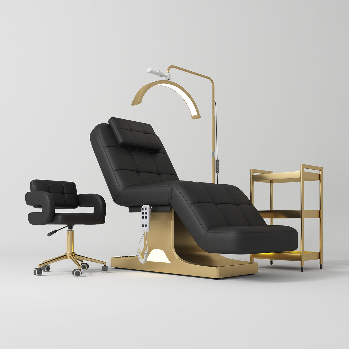 Manufakturo Saphir version A Black – 4-Piece Beauty Studio Set: Luxury Bed, Chair, Lamp & Trolley