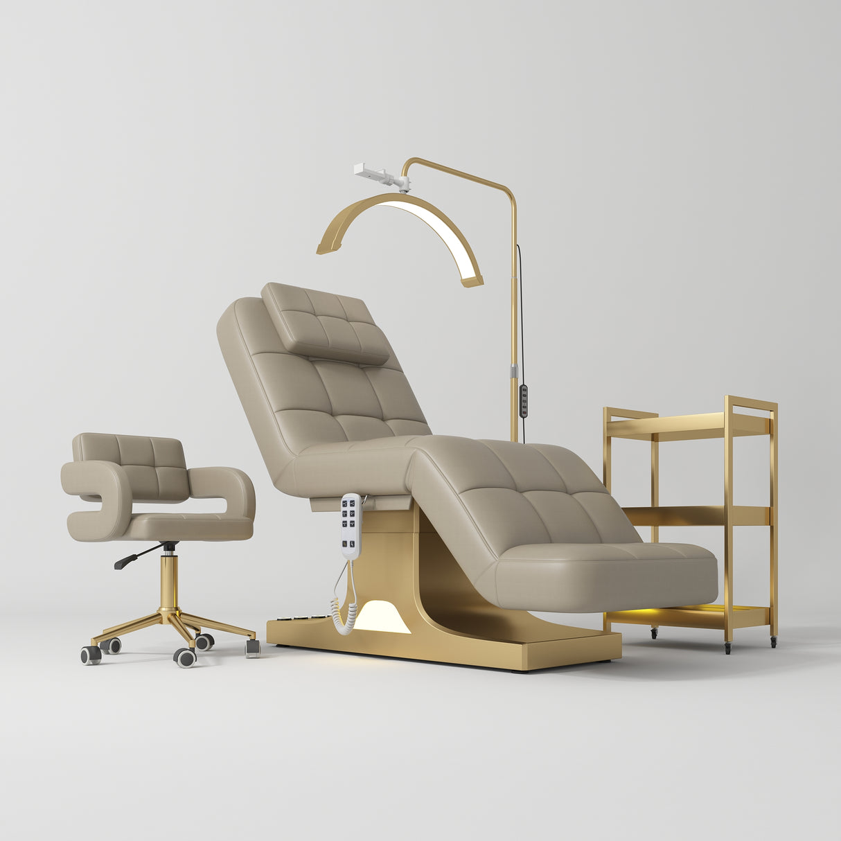 Manufakturo Saphir version A Brown – 4-Piece Beauty Studio Set: Luxury Bed, Chair, Lamp & Trolley
