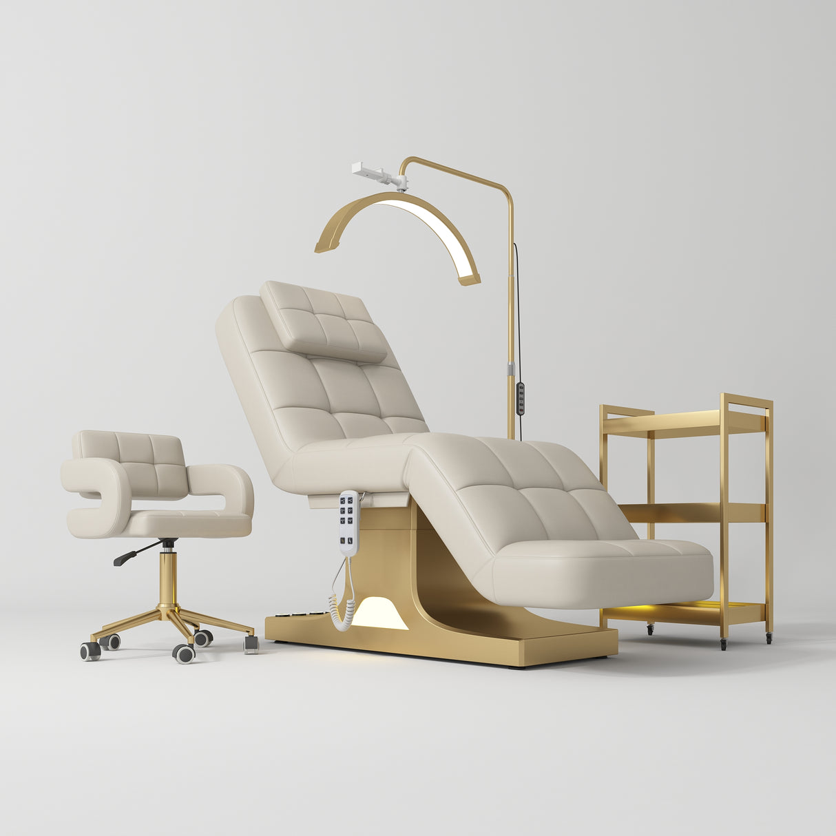 Manufakturo Saphir version A Cappuccino – 4-Piece Beauty Studio Set: Luxury Bed, Chair, Lamp & Trolley