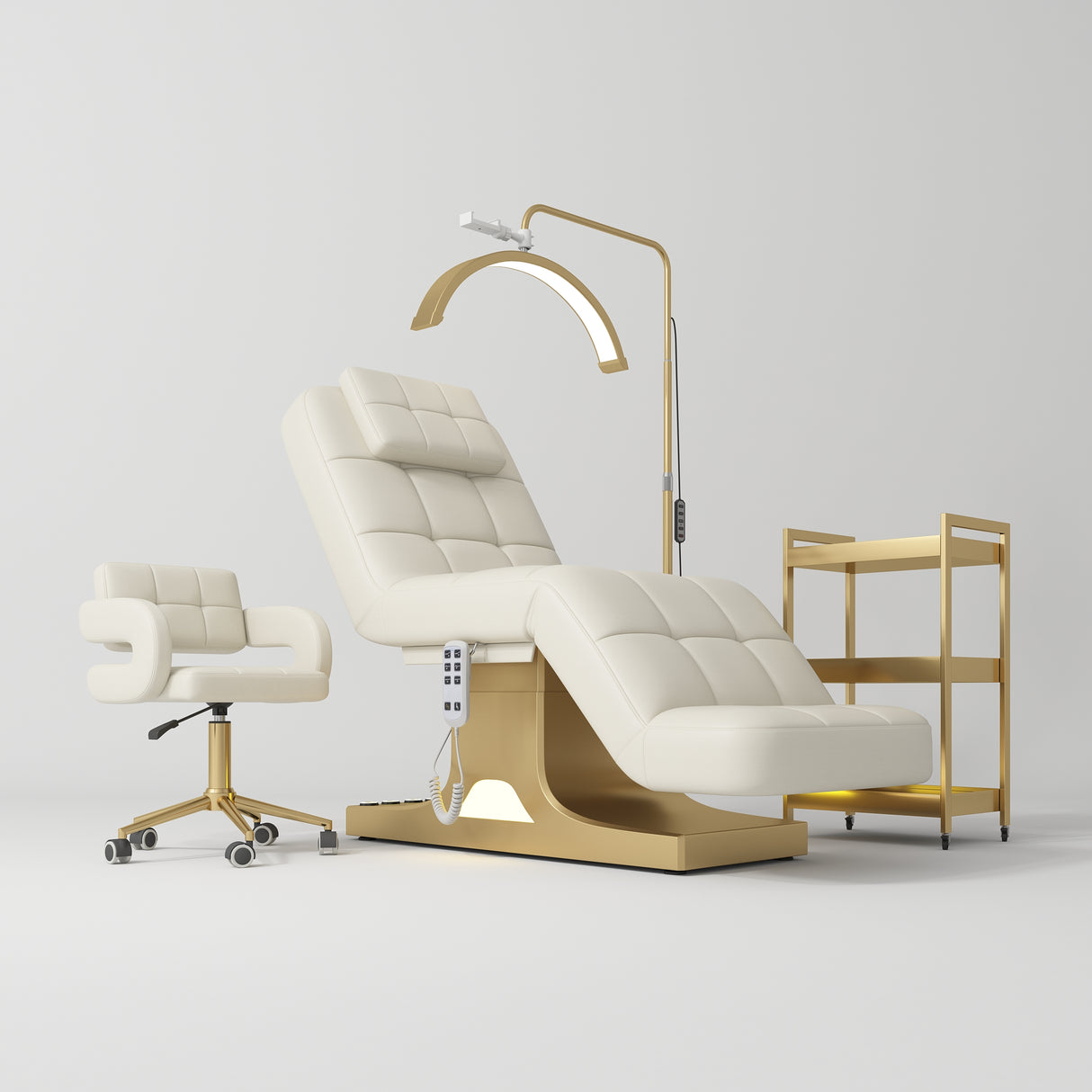 Manufakturo Saphir version A Creamy – 4-Piece Beauty Studio Set: Luxury Bed, Chair, Lamp & Trolley